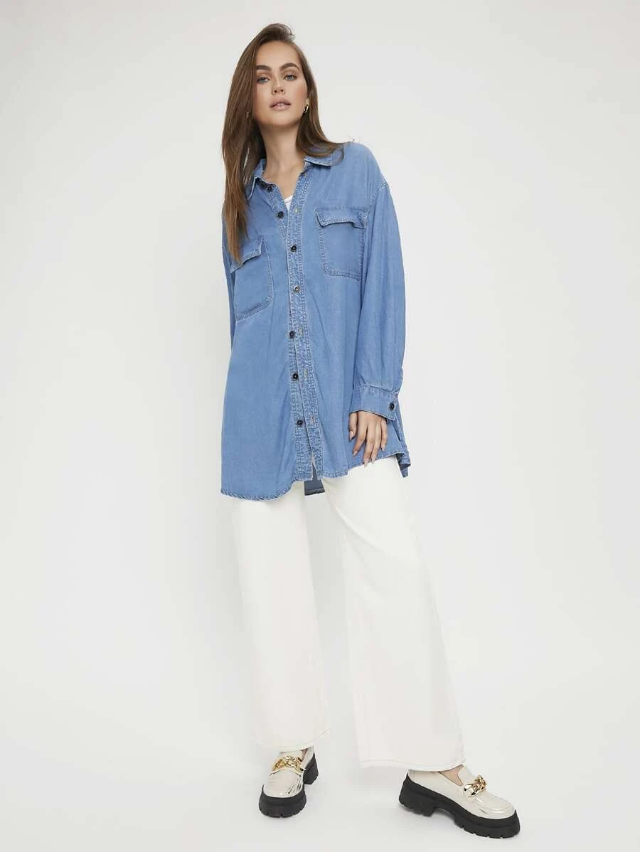 Shein Drop Shoulder Flap Pocket Denim Blouse