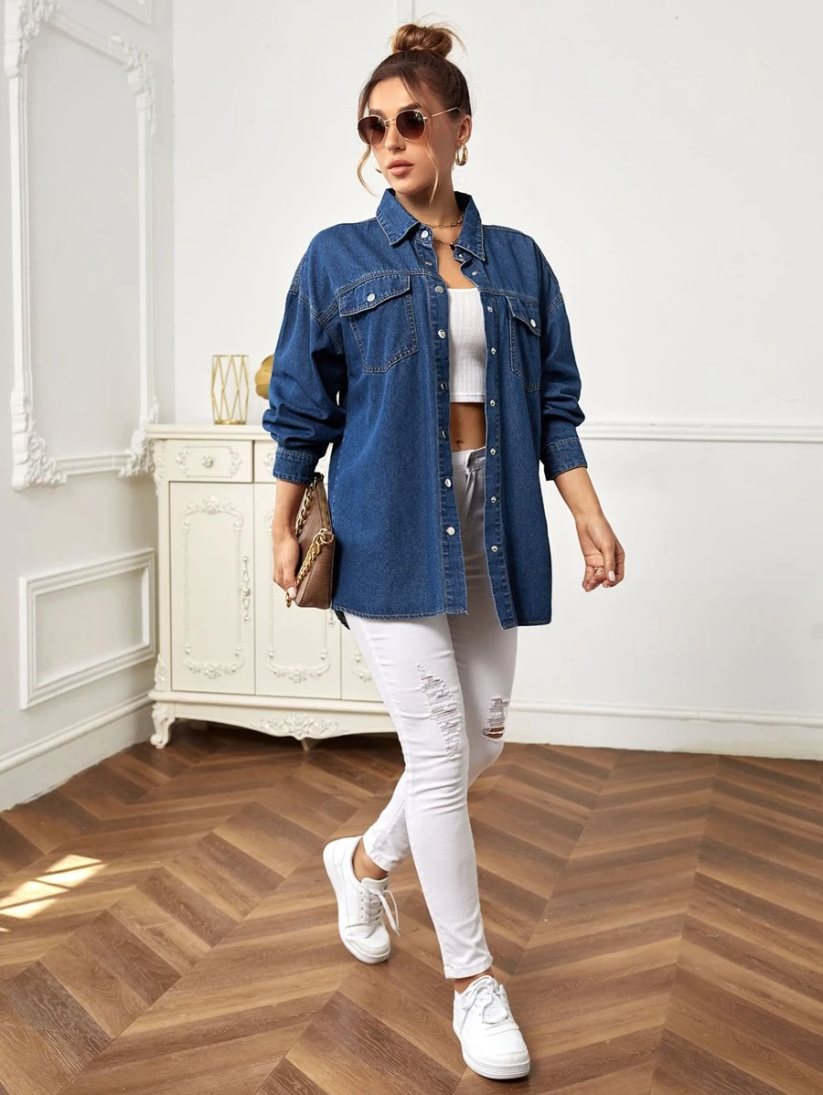 Shein Drop Shoulder Flap Pocket Denim Shirt