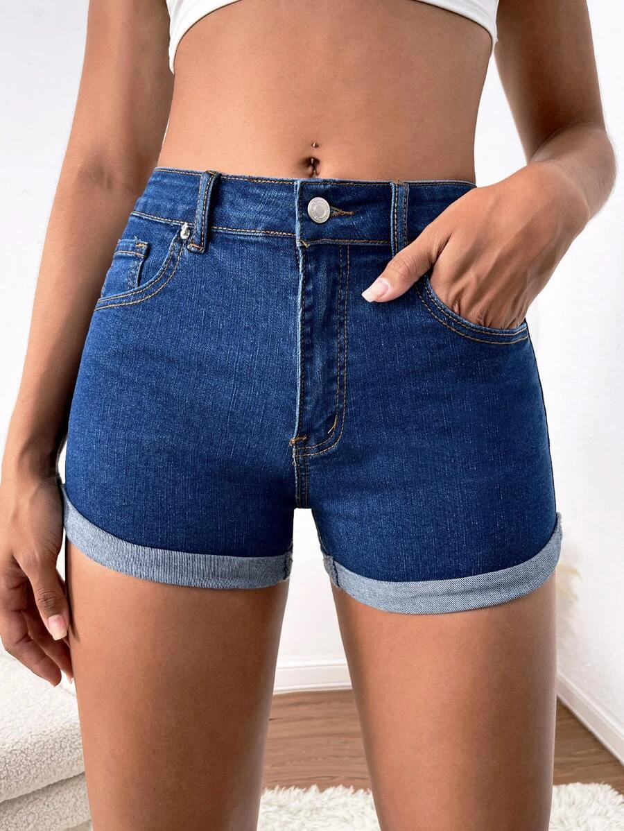 SHEIN BLUES Single Button Roll Hem Denim Shorts