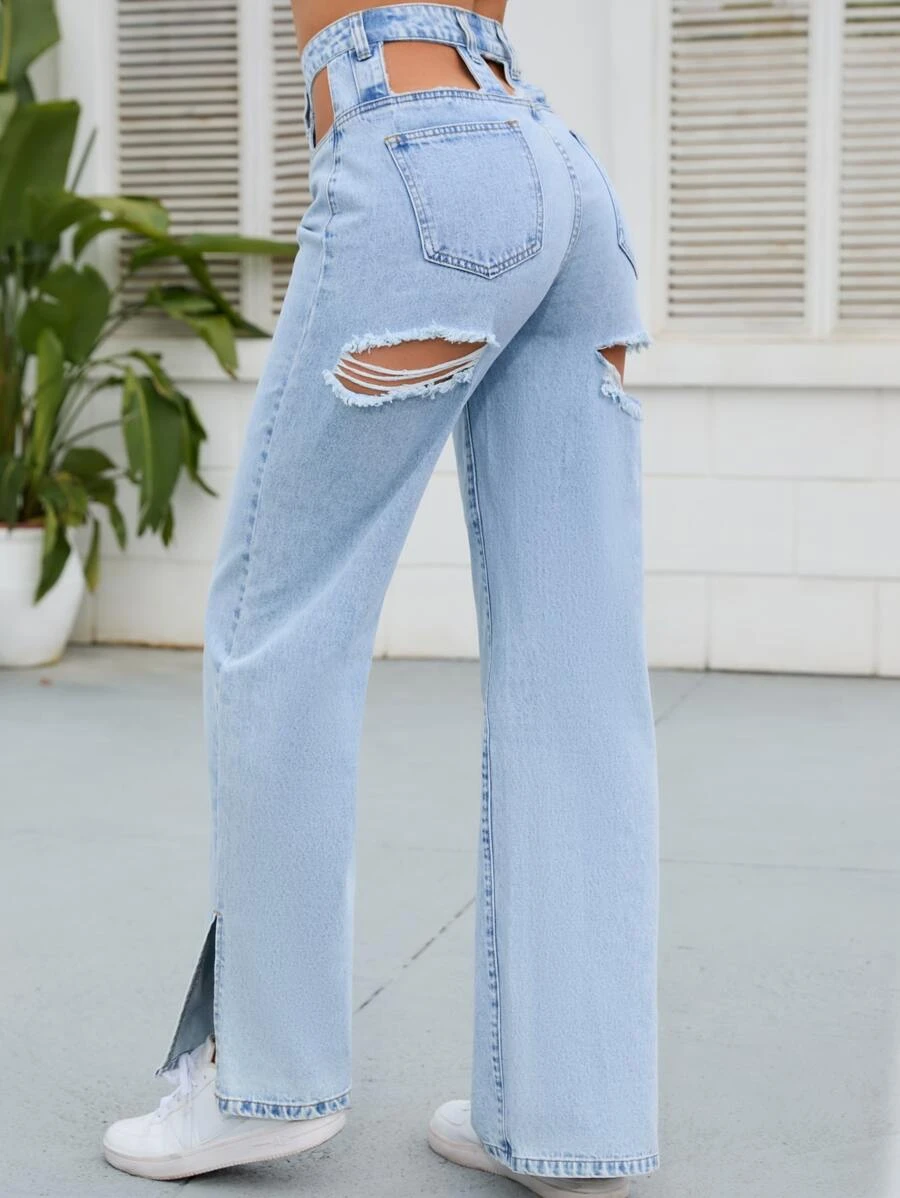 SHEIN High Waist Cut Out Ripped Slit Hem Wide Leg Jeans