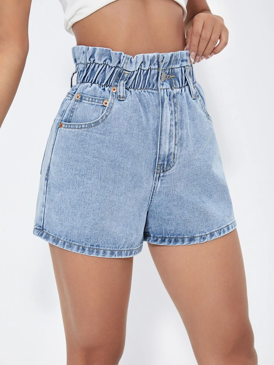 SHEIN Paperbag Waist Patch Detail Denim Shorts