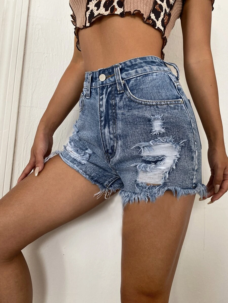 SHEIN Raw Hem Ripped Denim Shorts