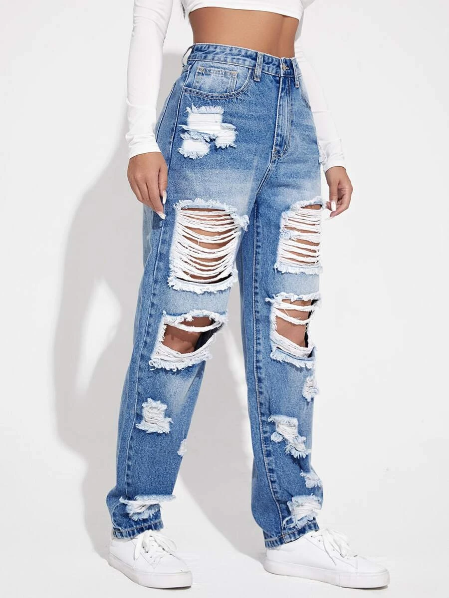 SHEIN Ripped Detail Boyfriend Jeans