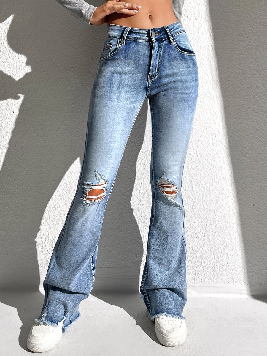 SHEIN Ripped Raw Cut Flare Leg Jeans