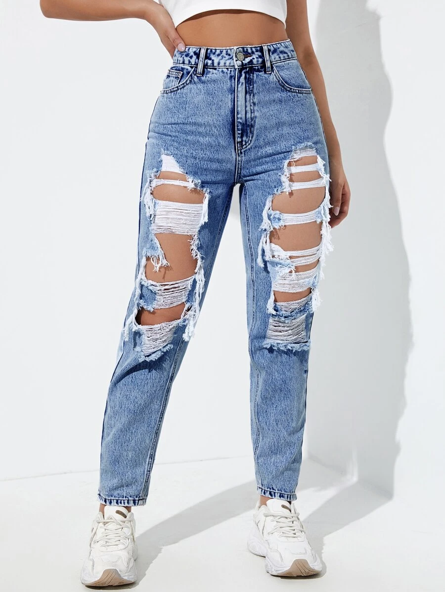 High Waist Ripped Cut Out Straight Leg Jeans SHEIN