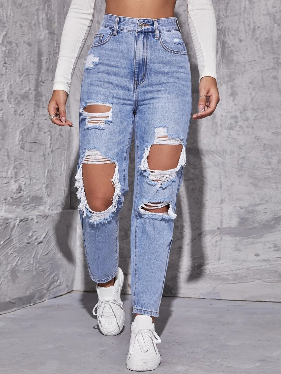 High Waist Straight Leg Ripped Jeans SHEIN