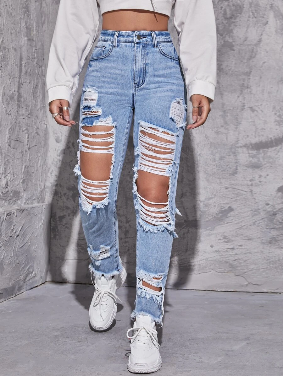 High Waisted Ripped Raw Hem Jeans SHEIN