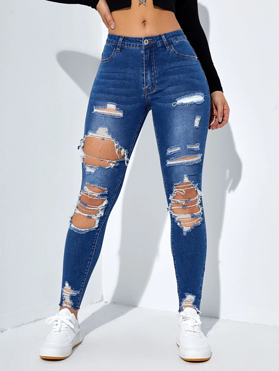 SHEIN Cut Out Ripped Raw Hem Skinny Jeans