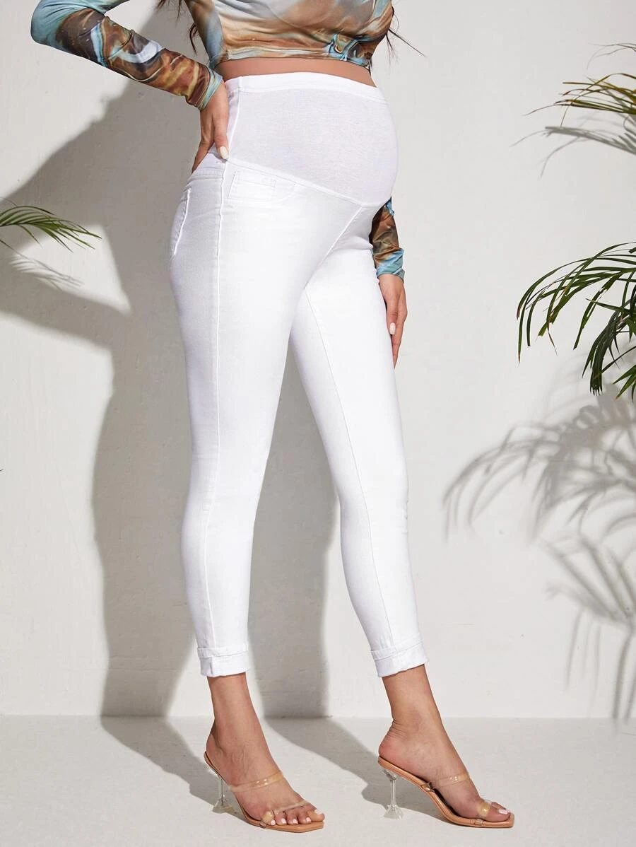 Maternity Wideband Waist Roll Up Hem Skinny Jeans SHEIN