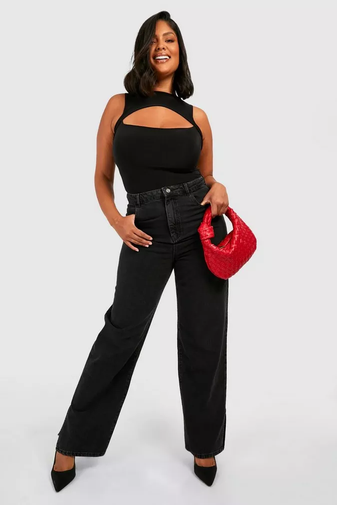 PLUS HIGH WAIST DISTRESSED SPLIT HEM JEANS BOOHOO