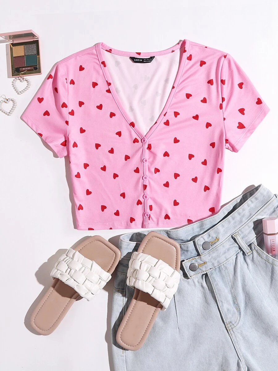 SHEIN EZwear Allover Heart Print Tee