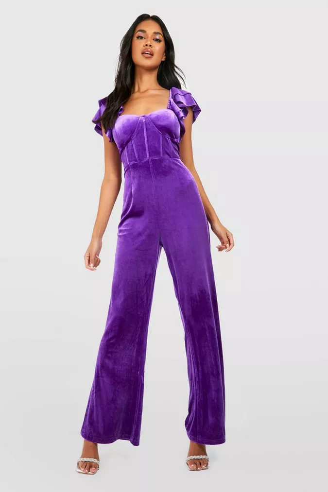 BOOHOO VELVET RUFFLE SLEEVE CORSET JUMPSUIT