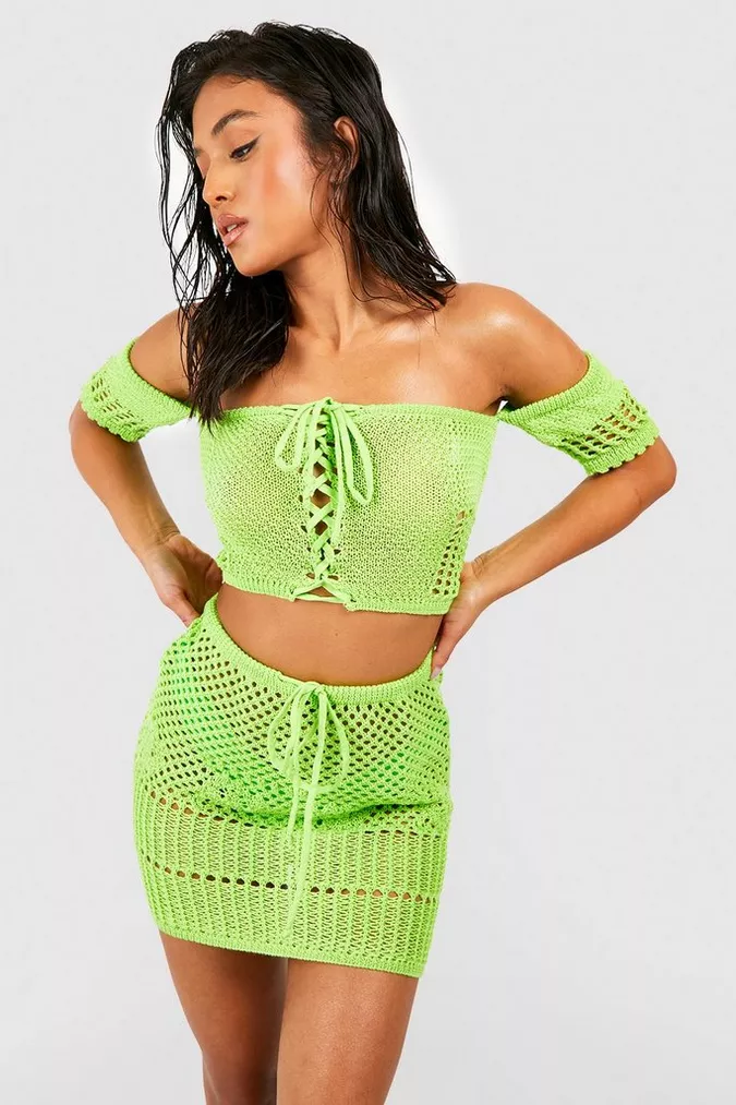 PETITE NEON RECYCLED CROCHET TOP & SKIRT CO-ORD BOOHOO
