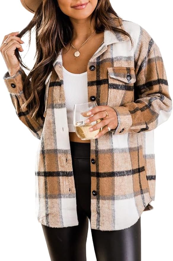 Blansdi Women’s Casual Plaid Flannel Shacket Jacket Oversized Button Down Long Sleeve Fall Shirt Jacket Coat Tops Amazon