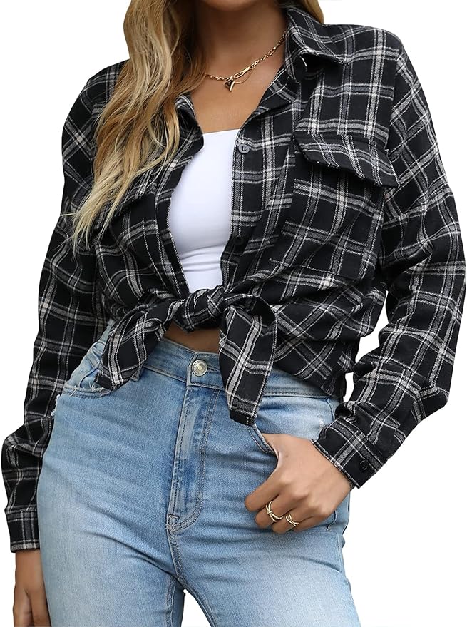 Blooming Jelly Women's Button Down Flannel Shirts Plaid Shacket Long Sleeve Collared Business Casual Tops Work Blouses Amazon