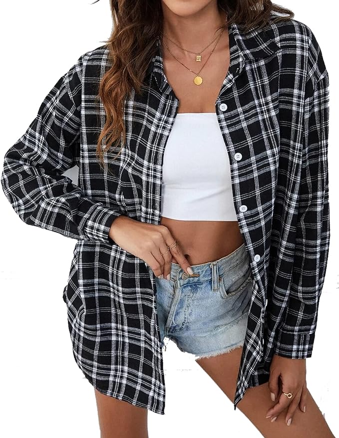 HOTLOOX Buffalo Plaid Flannel Shirt for Women Long Sleeve Button Down Blouses Casual Oversized Flannels Shacket Jacket Top Amazon
