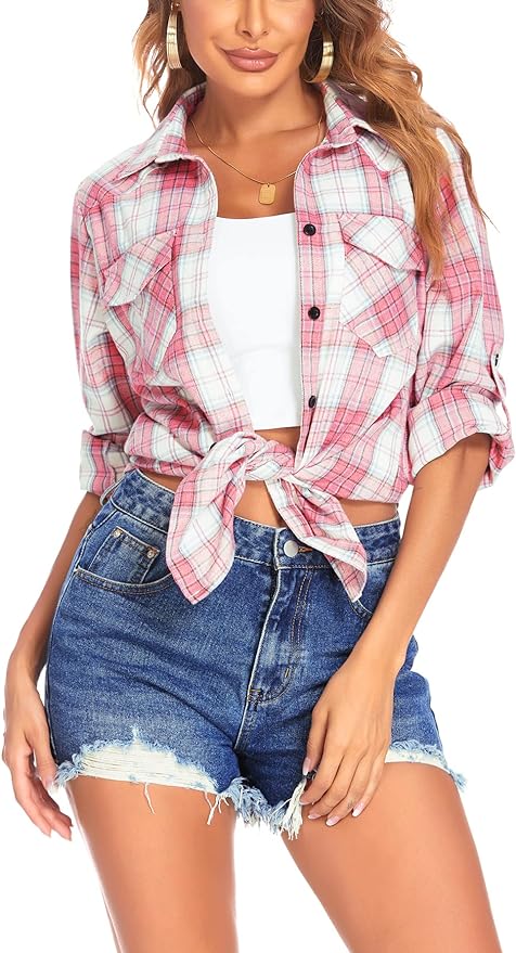 HOTOUCH Women's Long Roll Up Sleeve Cotton Flannels Plaid Shirts Classic Fit Button Down Shirt Blouses with Pockets Amazon