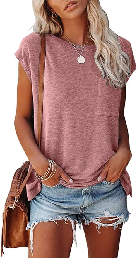 MEROKEETY Women's Casual Cap Sleeve T Shirts Basic Summer Tops Loose Solid Color Blouse Amazon