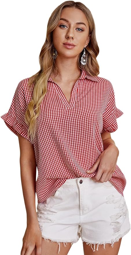 Milumia Women Plaid Notched Neck Collared Blouse Ruffle Short Sleeve Gingham Shirt Top Amazon