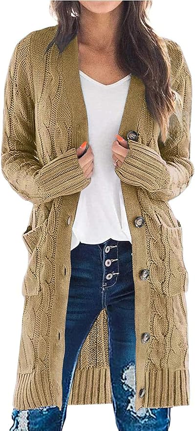 PRETTYGARDEN Long Sleeve Cable Knit Long Cardigan for Women Fall Winter Chunky Open Front Button Sweaters with Pockets Amazon