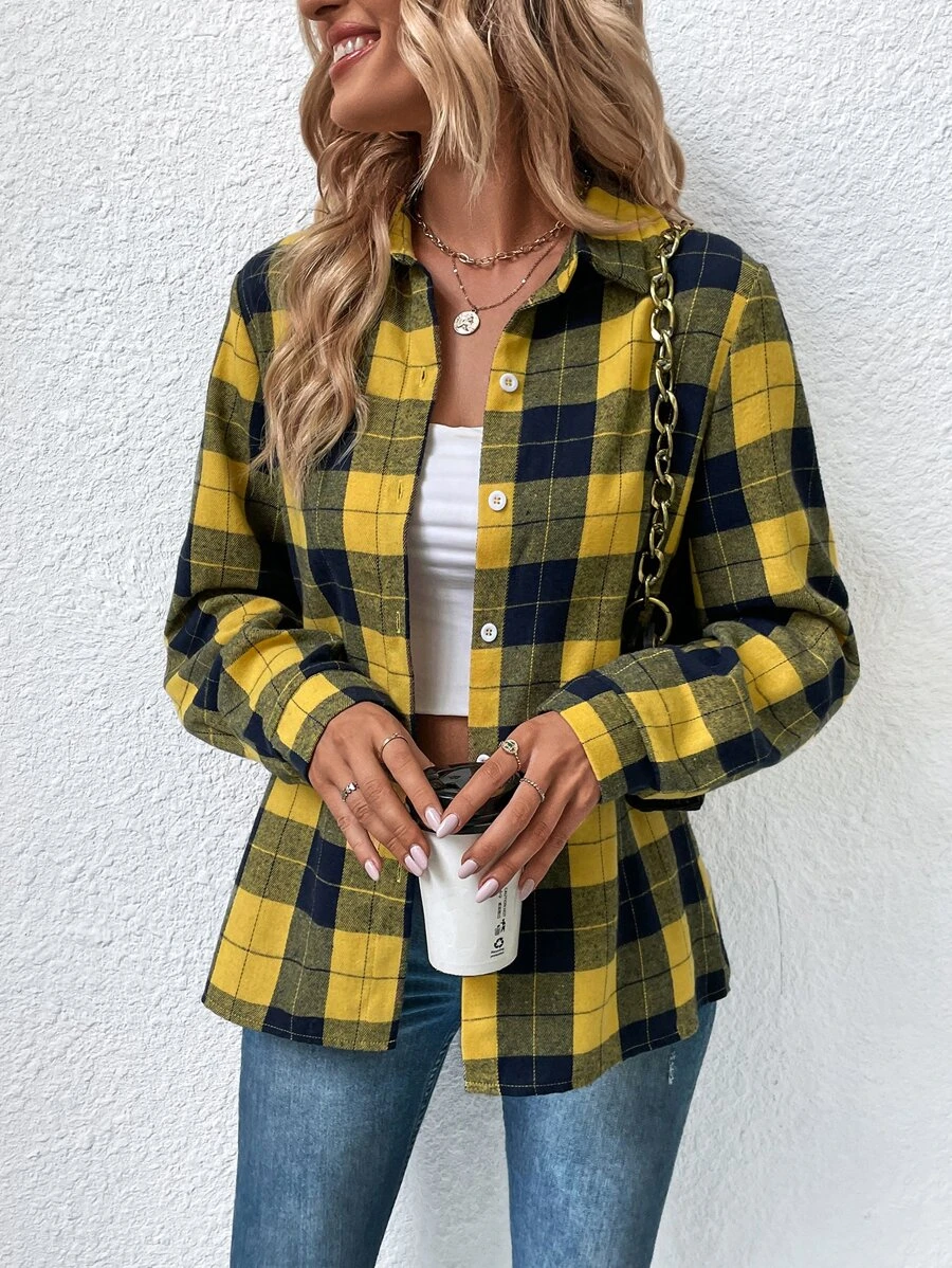 SHEIN Button Front Plaid Shirt