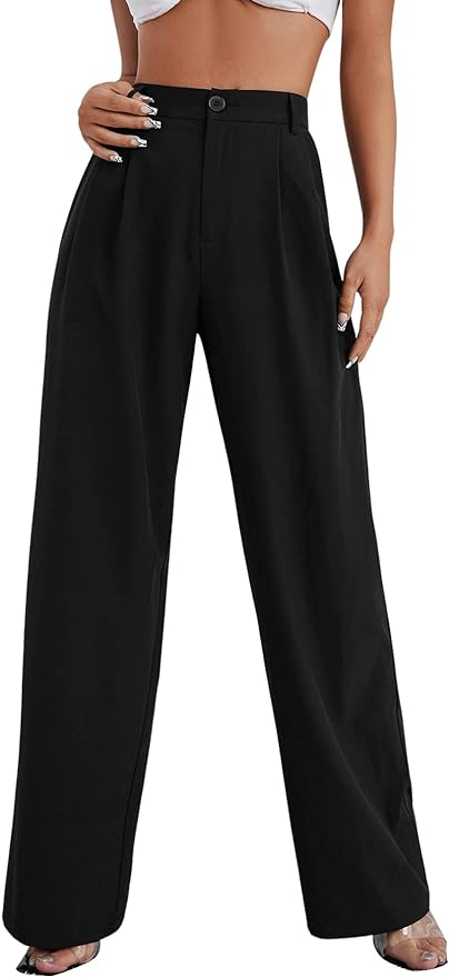 SweatyRocks Women's Casual Wide Leg High Waisted Button Down Straight Long Trousers Pants Amazo