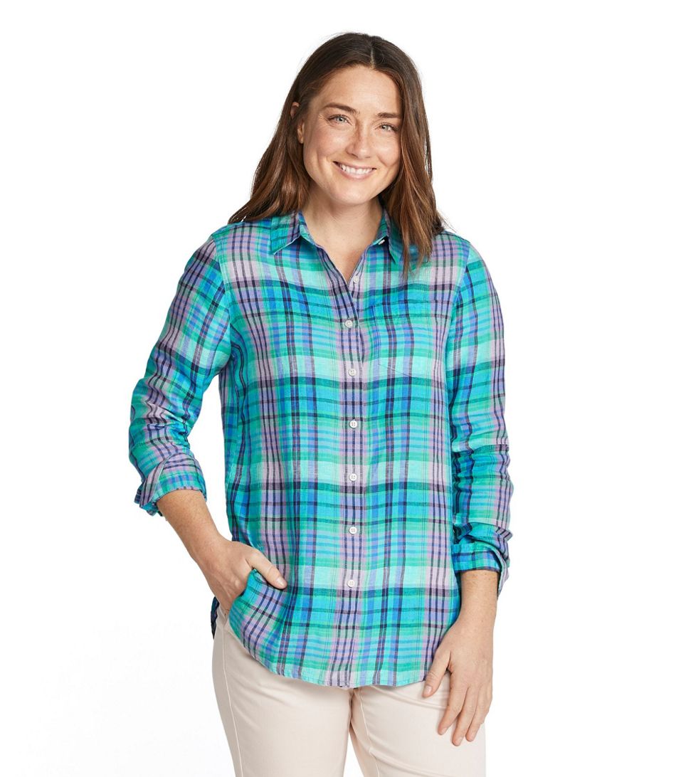 Womens-Premium-Washable-Linen-Shirt-Tunic-Plaid-LLBEAN