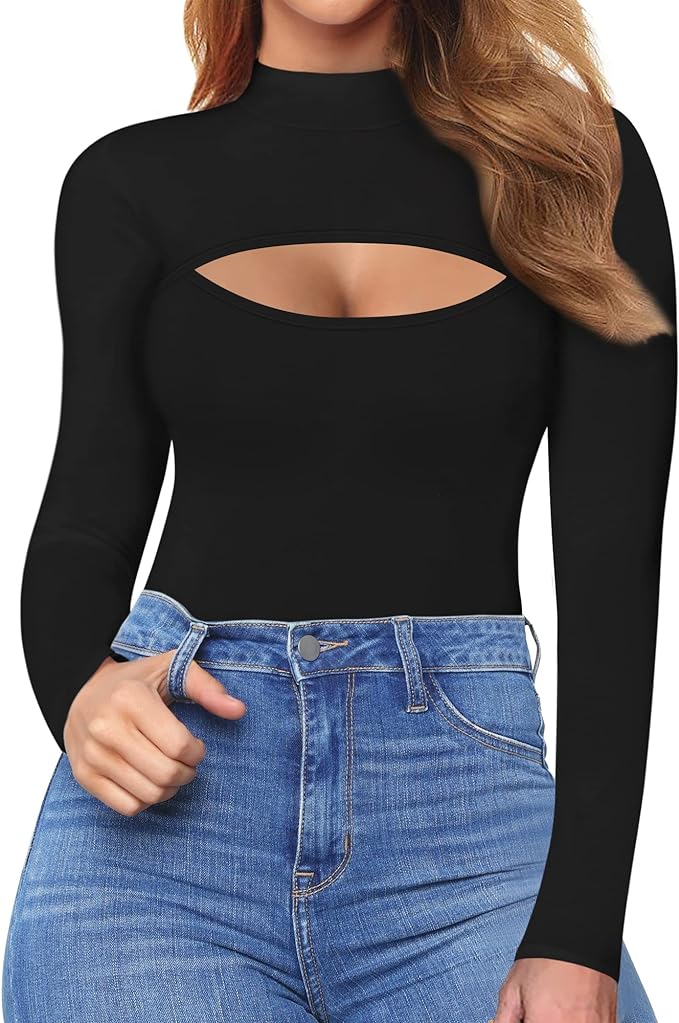 ALGALAROUND Cutout Tops for Women Fitted Mock Turtleneck Short Sleeve Long Sleeve T-Shirt Amazon