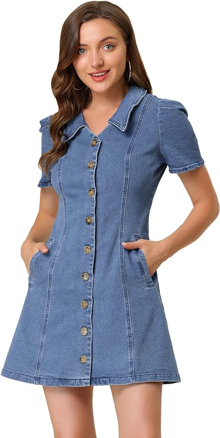 Allegra K Women's Button Down Collared Short Sleeve Jean Demin Dress Amazon