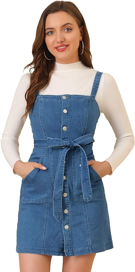 Allegra K Women's Classic Jean Dresses Adjustable Strap A-Line Denim Overall Dress Amazon