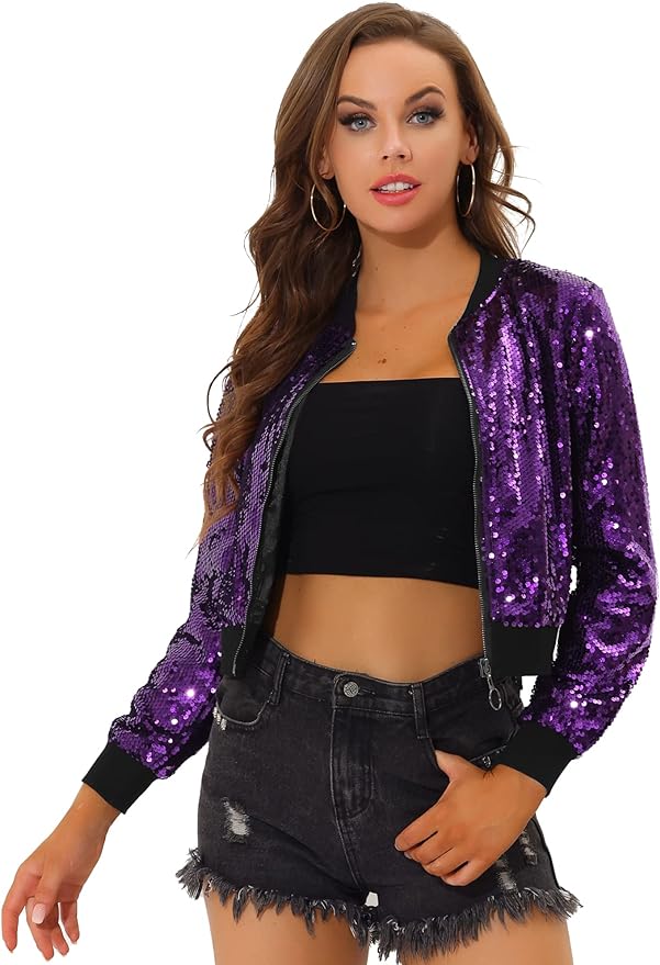 Allegra K Women's Sequin Jacket Long Sleeve Zipper Up Party Glitter Shimmering Bomber Sparkly Jackets from Amazon