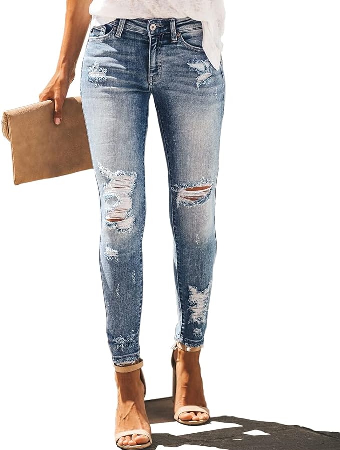 Allimy Women's High Rise Skinny Stretch Ripped Jeans High Waisted Destroyed Denim Pants Amazon