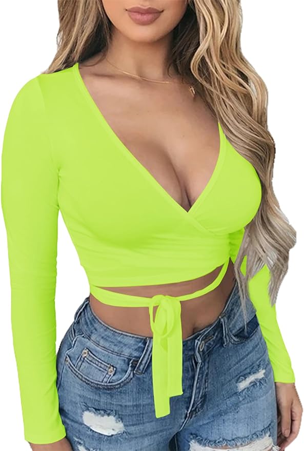 Artfish Women Sexy Deep V Neck Crop Top Bandage Wrap Tie Tight Cropped Fitted Cleavage Shirts Amazon