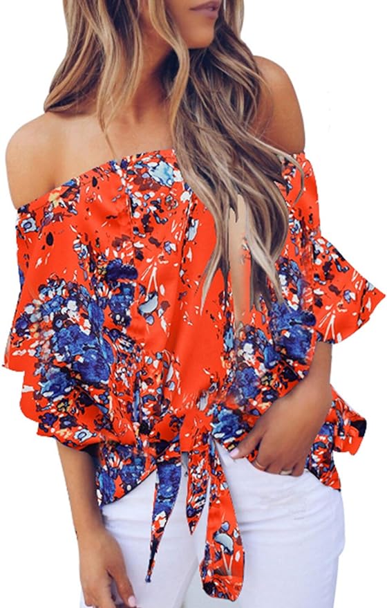Asvivid Womens Casual Boho Floral Print 3-4 Flare Sleeve Blouses Summer Off The Shoulder Tops Tie Knot Shirts