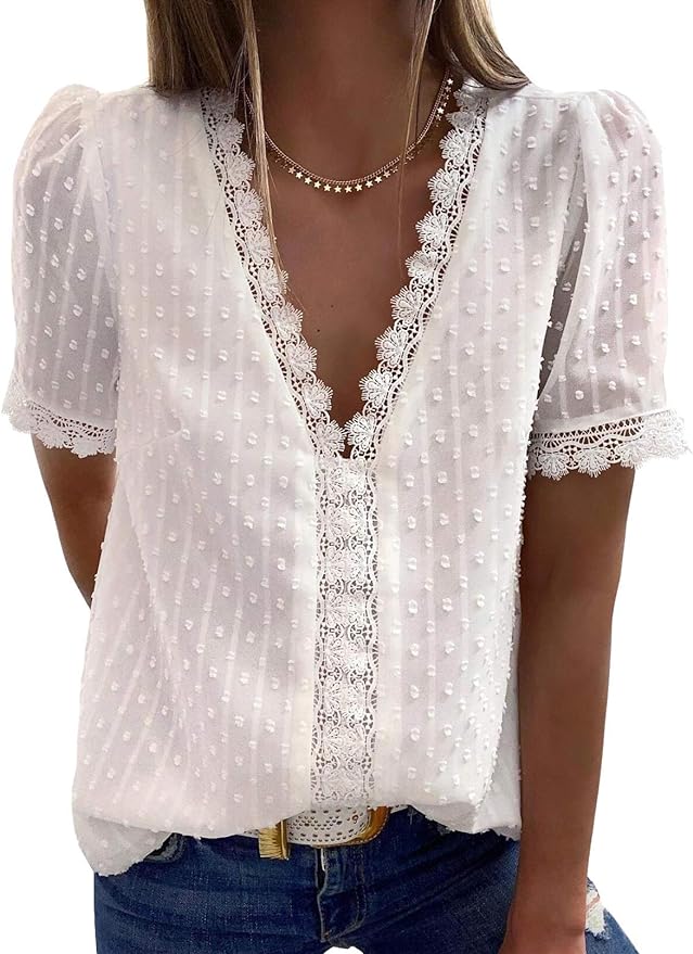 Asvivid Womens Lace Crochet Tunic Tops Short Sleeve V Neck Polka Dot Blouses Shirts S-2XL Amazon