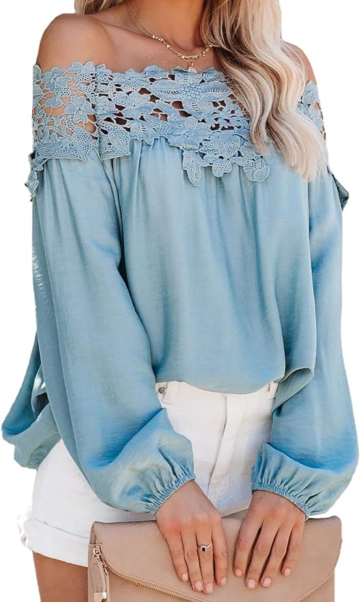 Asvivid Womens Swiss Polka Printed Smocked Off The Shoulder Tops Summer Flared Bell Sleeve Chiffon Blouses T-Shirt Amazon