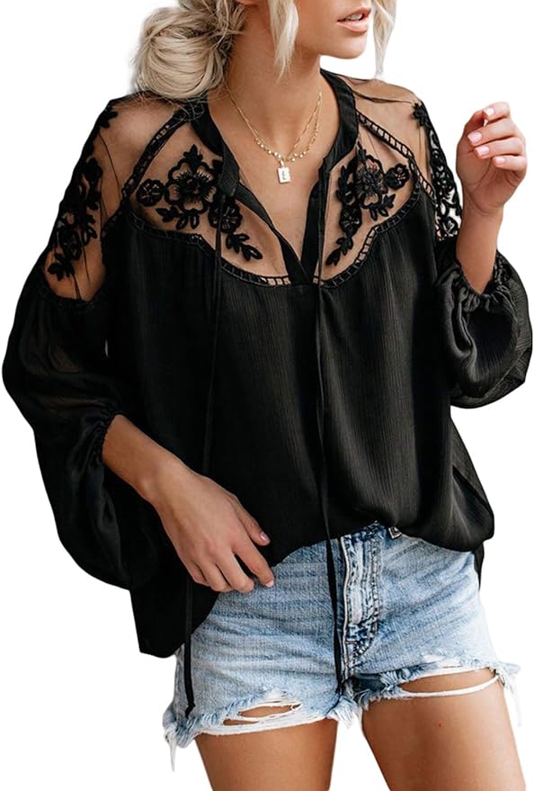 Asvivid Womens V Neck Crochet Lace Tops Casual Loose Puff Long Sleeve Shirts Chiffon Blouses Amazon