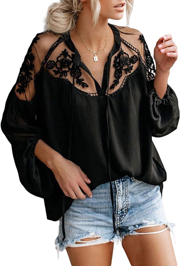 Asvivid Womens V Neck Crochet Lace Tops Casual Loose Puff Long Sleeve Shirts Chiffon Blouses