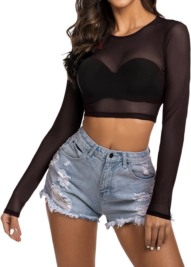 Avidlove Women Black Mesh Crop Top Long Sleeve See Through Shirt Sheer Blouse O Neck Clubwear S-4XL from Amazon