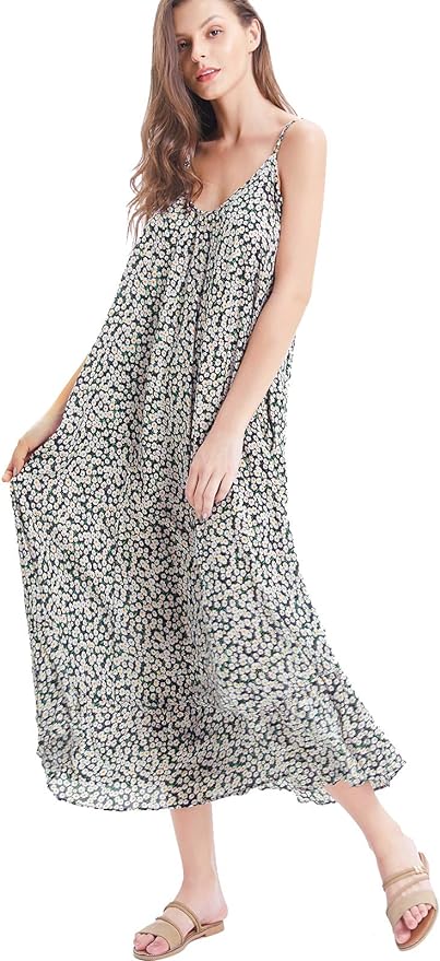 BUENOS NINOS Women's V Neck Floral Maxi Dress Boho Printed Adjustable Spaghetti Strap Ethnic Beach Long Dress with Pockets Amazon