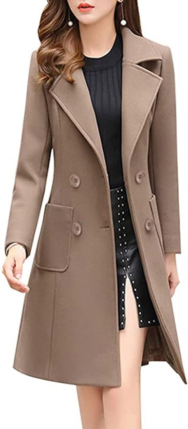 Bankeng Women Winter Wool Blend Camel Mid-Long Coat Notch Double-Breasted Lapel Jacket Outwear Amazon