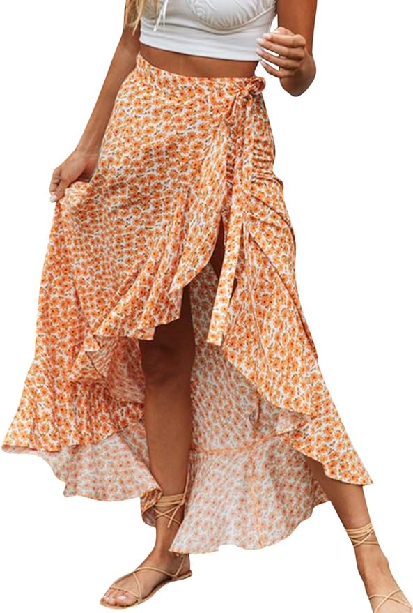 BerryGo Women's Boho Floral Wrap Maxi Skirt High Waisted Long Skirt with Slit Amazon