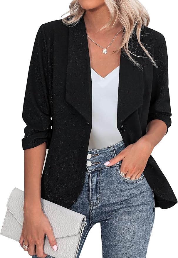 Beyove Women's 3/4 Stretchy Ruched Sleeve Open Front Lightweight Work Office Blazer Jackets (S-3XL) Amazon
