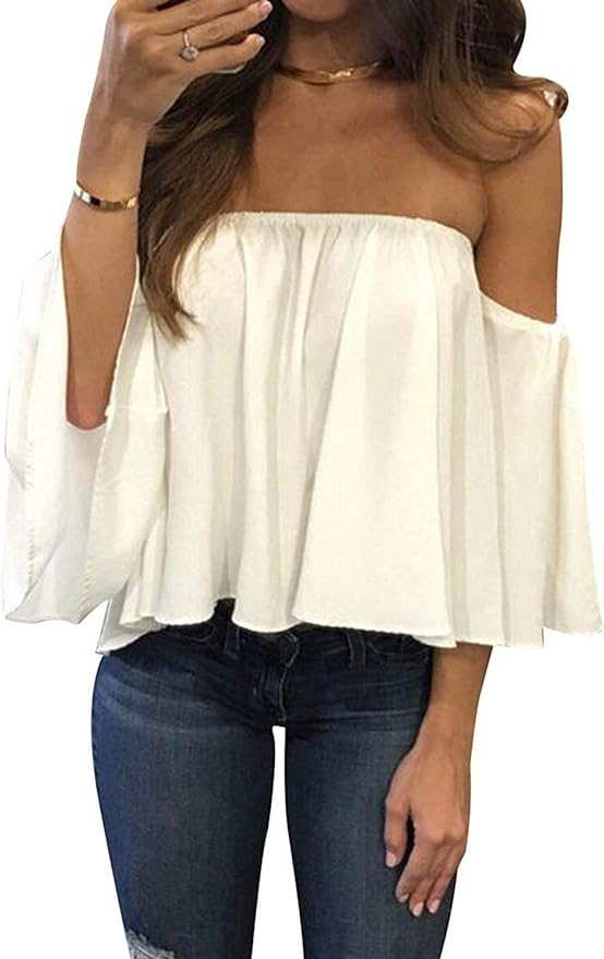 Bluetime Women Summer Off Shoulder Chiffon Blouses Ruffles Short Sleeves Sexy Tops Casual T Shirts Amazon