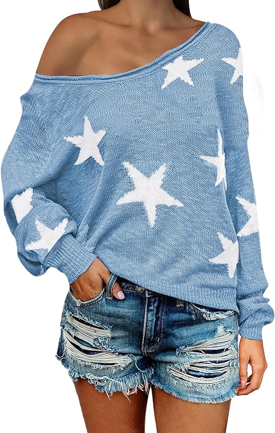 COCOLEGGINGS Women's Scoop Neck Long Sleeve Star Pullover Sweater Tunic Tops Amazon