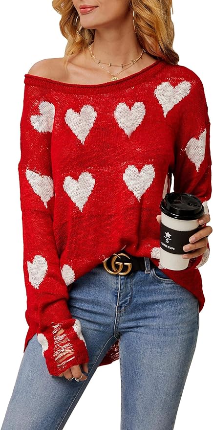 Chang Yun Women Off Shoulder Knitted Pullovers Sweater Loose Long Sleeve Hearts Printed Ripped Tops Amazon