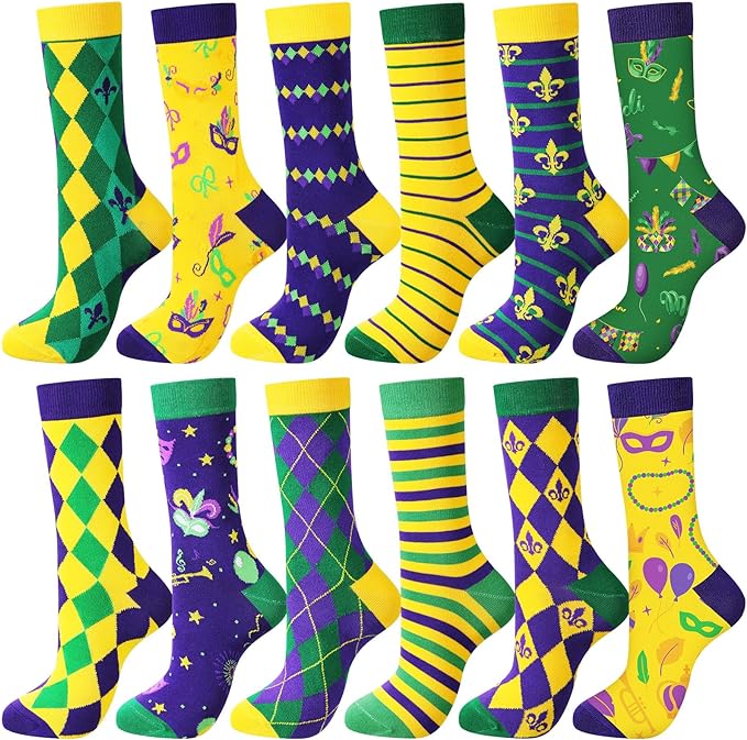 Cuffbow 12 Pairs Mardi Gras Crew Socks Unisex Purple Green Gold Dress Socks Bulk Patterned Cotton Novelty Socks for Men Shoe Size 7-12, Women Shoe Size 8-13 Amazon