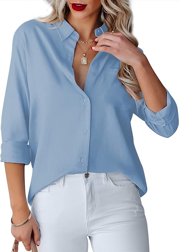 Diosun Womens Button Down Shirts V Neck Long Sleeve Office Casual Business Plain Blouse Tops with Pocket Amazon