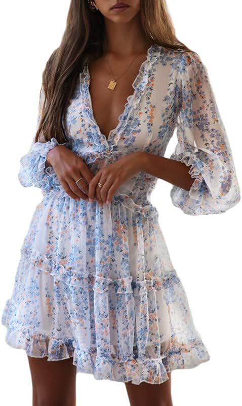 Dokotoo Womens 2023 Fall Spring Deep V Neck Ruffle Long Sleeve Floral Print Mini Dress Amazon