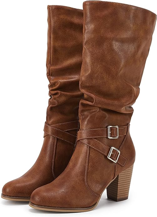 Ermonn Womens Mid Knee High Boots Chunky Heel Slouchy Metal Buckle Side Zipper Fashion Winter Shoes Amazon